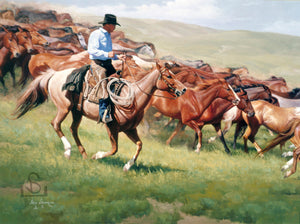 Nothing beats the rush of horses running on the western plains. "Life in the Fast Lane" by Steve Devenyns is available on Giclée on Canvas or Giclée on Canvas Artist Proof. Steve Devenyns is One of America’s Finest Western Artists Original Paintings of Ranching, Wildlife and Cowboy art.