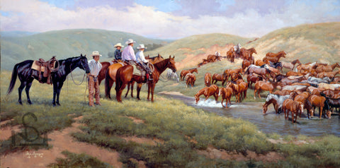 Cowboys and horses at a watering hole in the American West. Ranching and Western Wildlife Artist Steve Devenyns is one of the most awarded artists for his Western Fine Art, original Paintings of Ranching, Wildlife paintings and Cowboy Paintings. Truly one of the finest in the Western Art industry today.