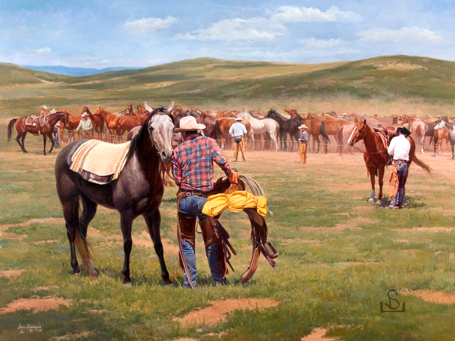 A Good Day for the Gray by Steve Devenyns is a 36" x 48" Original Oil Painting featuring a cowboy changing horses at noon.. His Award winning art has been featured in the Buffalo Bill Art Show, Quest for the West Art Show, National Museum of Wildlife Art, Cheyenne Frontier Days Governor’s Art Show, Old West Museum, and America’s Horse.