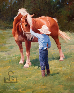 Buddies by Steve Devenyns is a 24" x 30" Original Oil Painting featuring a young boy and his horse. His Award winning art has been featured in the Buffalo Bill Art Show, Quest for the West Art Show, National Museum of Wildlife Art, Cheyenne Frontier Days Governor’s Art Show, Old West Museum, and America’s Horse.