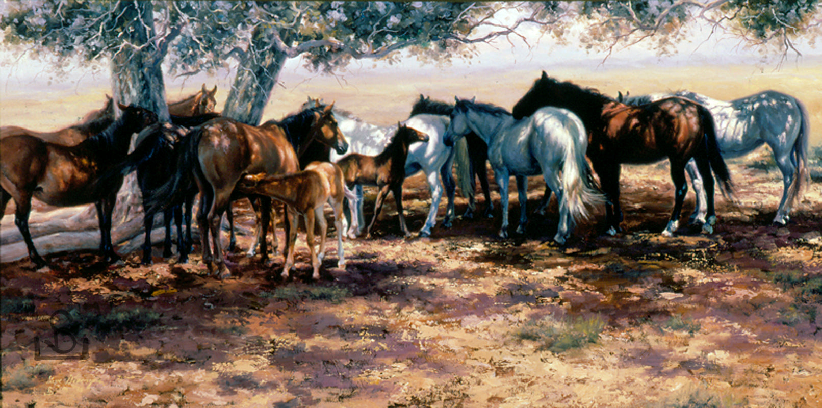 Cheyenne Social Club by Steve Devenyns is a Standard Print in various sizes. This piece features a small herd of horses finding shade in a tree. Steve Devenyns is a world renowned Fine Western Artists located in Cody, Wyoming. His Award winning western art has been featured in the Buffalo Bill Art Show, Prix de West.