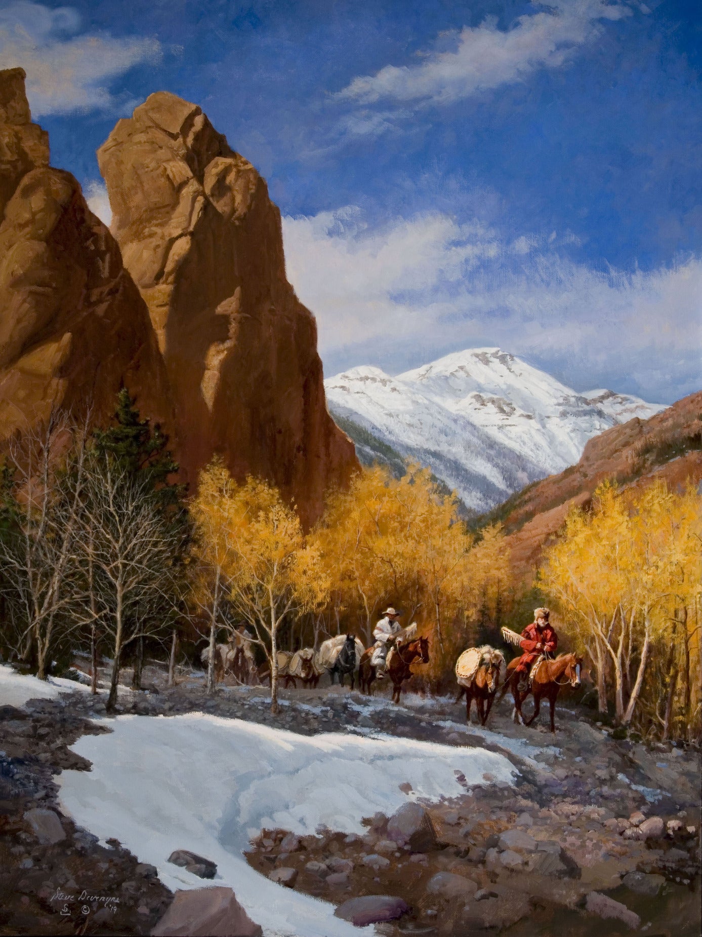 Deer Creek Trappers is a Oil Painting on Linen by the famous Western and Cowboy Artist Steve Devenyns. Steve has been featured in the Buffalo Bill Art Show, Prix de West Art Show, Bradford Brinton Museum. Original Paintings of Ranching, Wildlife and Cowboy art. True depictions of the American Cowboy modern and past.