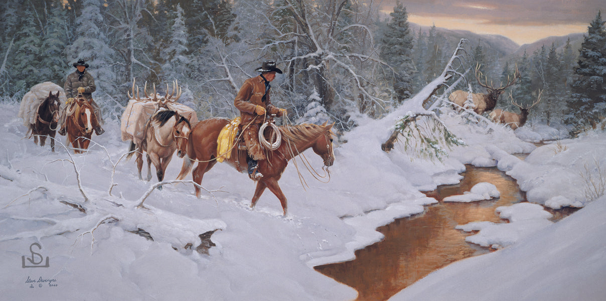 "Double Take" by Steve Devenyns is a available in Canvas Transfer and Canvas Transfer Edition or Canvas Transfer Artist Proof. Featuring an American Cowboy with a pack string and beautiful Rocky Mountain Elk. Famous Artist Steve Devenyns Original Paintings of Wildlife and Cowboy are true depictions of American Cowboy.