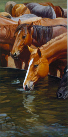 "Drinkin Buddies" by Steve Devenyns, famous American Western fine artist. Available in Standard Print or Canvas Transfer. Featured in Cheyenne Frontier Days Governor’s Art Show, Old West Museum, America’s Horse in Art Show. Original Paintings of Ranching, Wildlife and Cowboy true depictions of the American Cowboy.