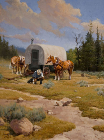 The Cowboy and the Sheep Wagon helped to shape the American West. "Home Away from Home" by Steve Devenyns is a 24 x 18 Oil Painting on Linen that depicts this moment. The famous Western and Cowboy Artist Steve Devenyns from Cody, Wyoming, the heart of the American West and Cowboy Life.