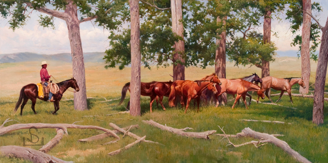 "Last of the Remuda" by Steve Devenyns is a 24" x 48" Original Oil Painting featuring a cowboy bringing in the last of the remuda to a new camp.  His Award winning art has been featured in the Buffalo Bill Art Show, Quest for the West Art Show, National Museum of Wildlife Art, Cheyenne Frontier Days Governor’s Art Show, Old West Museum, and America’s Horse in Art.