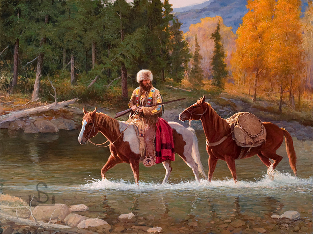 "Leavin' No Tracks" by Steve Devenyns is a 36 x 48" Original Oil Painting featuring a Rocky Mountain trapper in a dangerous land where vigilance could save your life. His Award winning art has been featured in the Buffalo Bill Art Show, Quest for the West Art Show, National Museum of Wildlife Art, Cheyenne Frontier Days Governor’s Art Show and America's Horse in Art Show.