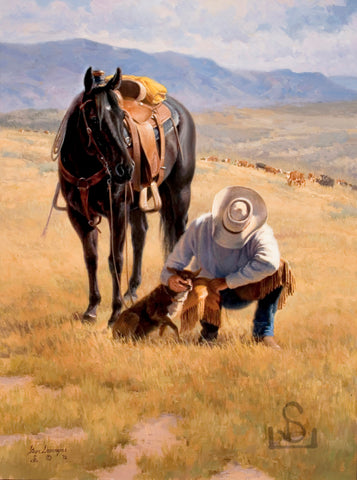 A good horse and a good dog are a Cowboy's best hands. Praise is the Best Teacher by Steve Devenyns catches a moment you might regularly on the ranch or the hills of the American West with a Cowboy. Steve Devenyns is One of America’s Finest Western Artists of Fine Art, original Paintings of Ranching, Wildlife and Cowboy ar