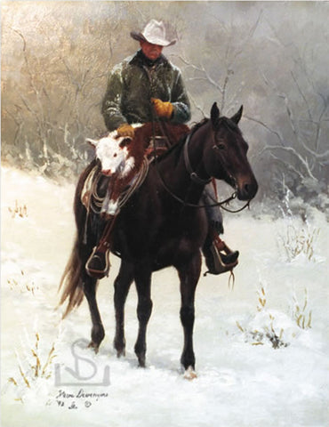 "Rescued" on the Haythorn Ranch features a cowboy and calf in late winter, early Spring. Painting by Steve Devenyns, one of America’s Finest Western Artists of Fine Art, original Paintings of Ranching, Wildlife and Cowboy art. Featured on the cover of several Western lifestyle magazines and features.