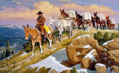 Western Art by Steve Devenyns featuring a pack string of mules in the high country. Titled "Rush Hour" and depicting the life of the American Cowboy, Outfitter, or Guide in the American West. True scenes captured by one of the best Western and Wildlife Artists in the USA. Steve Devenyns, Cody, the heart of the West.