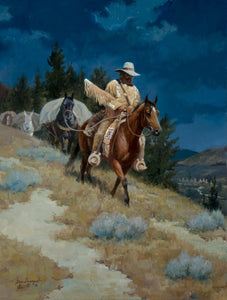 "Silent Passage" is a 24 x 18 oil on linen depicting the Mountain Man of the Old West. By Steve Devenyns, American Western Artist. His paintings feature working cowboys, working cattle, wilderness, Outfitters, Mules, pack strings, and Native American work. He is one of the most awarded Western Artists in the USA