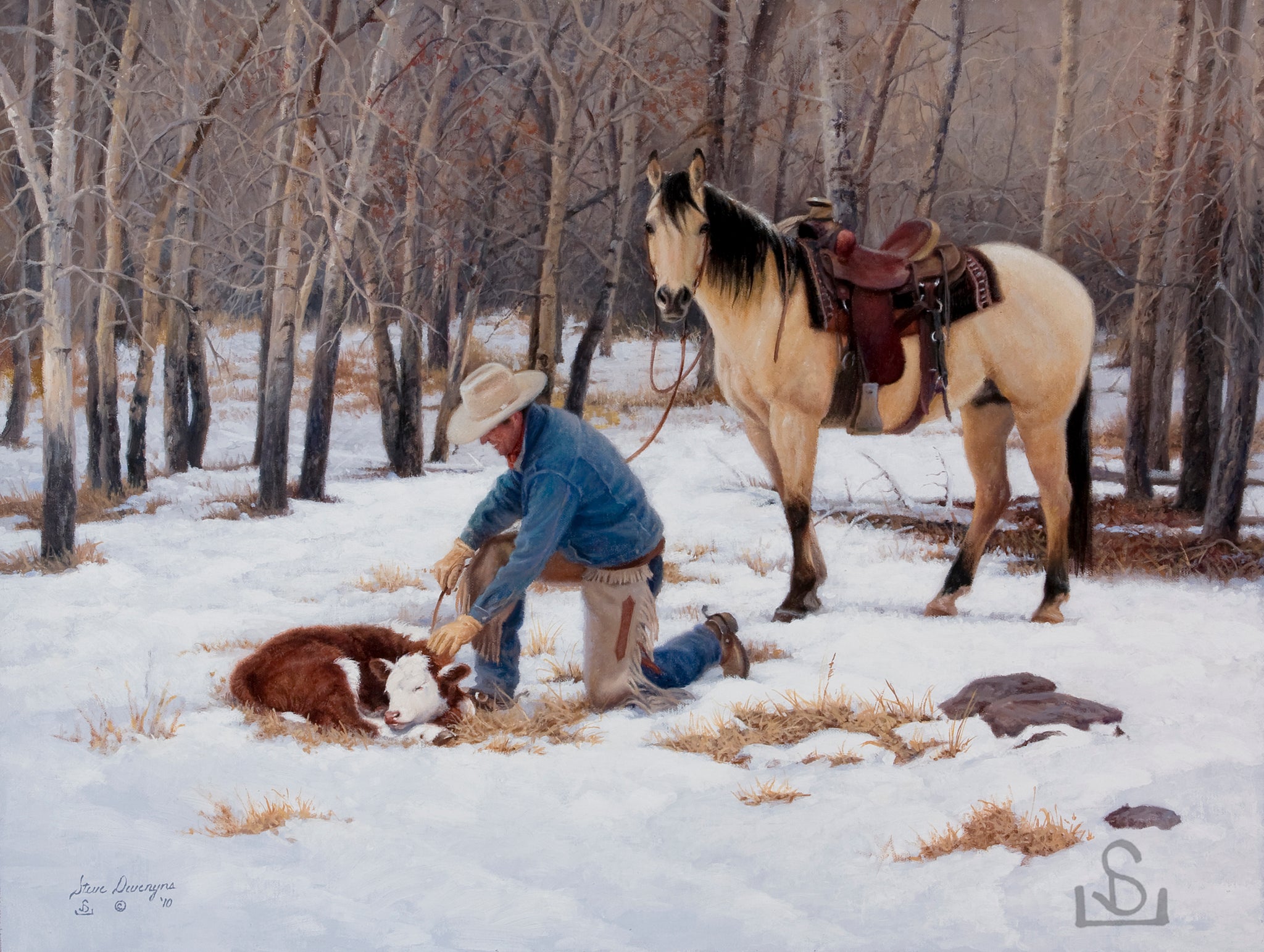 Wake Up Call by Steve Devenyns.  His paintings are of Ranching, Wildlife and Cowboy scenes. Steve Devenyns Fine Art and Limited Edition Prints, Giclee’s and Original Paintings of Wyoming Wilderness, Outfitters, Mules, pack strings, working cowboys and cattle.
