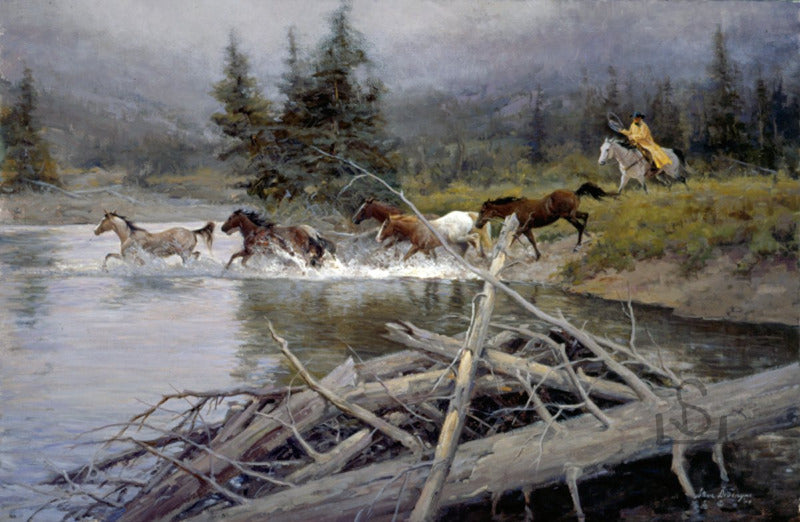 Buy your copy of "Wet and Wild", a print by Steve Devenyns, American Western Fine Artist, Cody, Wyoming. Purchase Fine Art and Limited Edition Prints, Giclee’s and Original Paintings of Ranching, Wildlife and Cowboy art from one of the best in the Western Art Industry.