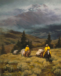 Buy art from Steve Devenyns One of America’s Finest Western Artists. Buy Fine Art and Limited Edition Prints, Giclee’s and Original Paintings of Ranching, Wildlife and Cowboy art. "Where Friendships Form" is a painting of a mountain scene with Wilderness and Cowboys and a pack string to hang in your den by fireplace!