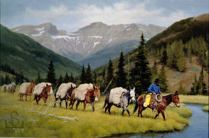 "Wyoming Wilderness" by Steve Devenyns, famous Western Artist. Buy Western Prints, Working Cowboys, Wilderness and Wildlife Art, Original Paintings, Canvas, or Artist Proofs. Buy American Western Art online at www.stevedevenyns.com Buy real paintings of Wyoming Wilderness, Outfitters, Mules, pack strings, and cowboys.